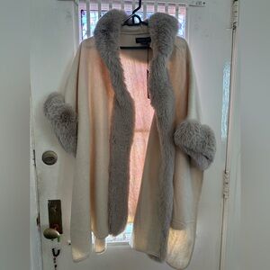 Rachel Zoe Cream and Gray Shrug with Fur Trim
